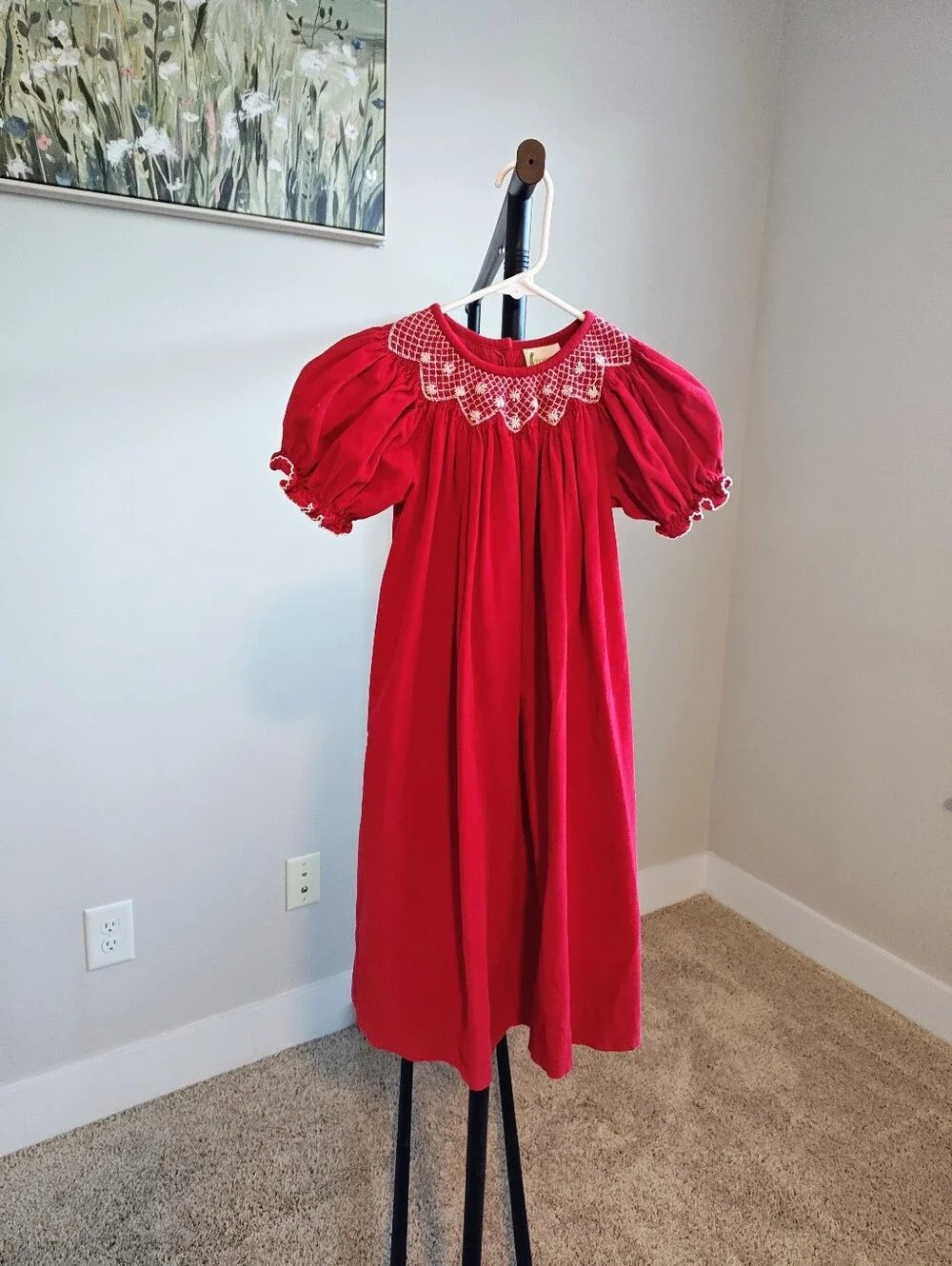 Classic Red Smocked Kids Puff Sleeve Dress